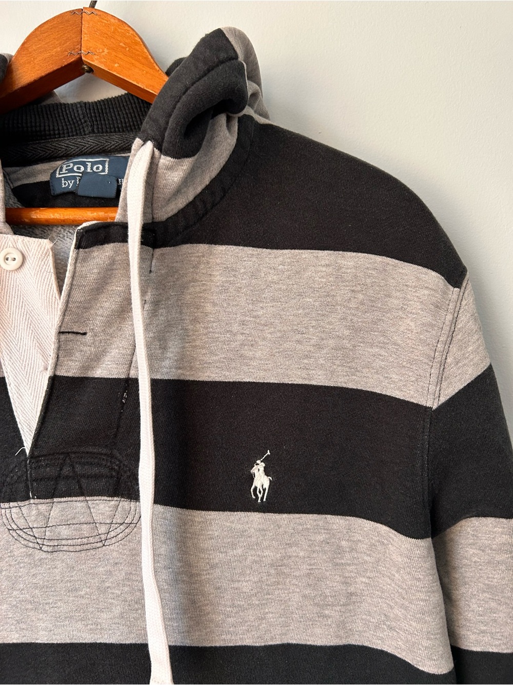 Vintage Polo Ralph Lauren Rugby Hoodie Mens M Black Gray Striped Long Sleeve - Picture 2 of 13